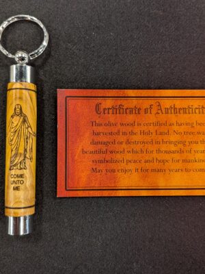 Toothpick Holder Key Ring, Keychain, Handmade Olive Wood from the Holy Land. Engraved with Christus "Come Unto Me" - Custom Engraving